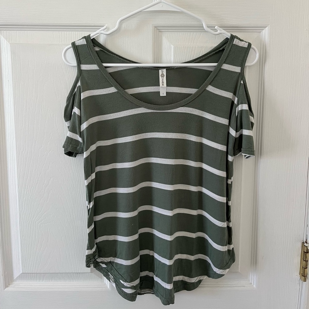 Love Charm Olive Striped Cold Shoulder Tee
